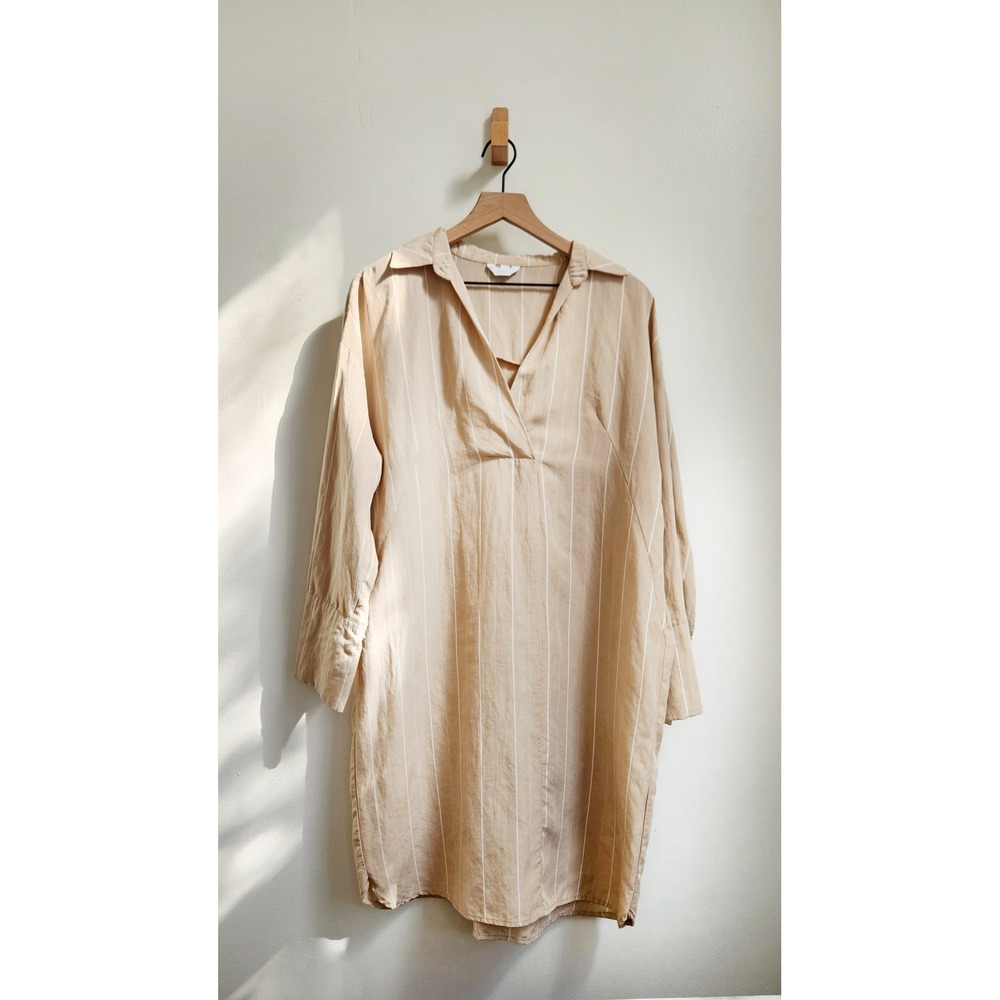 Sosken Kyoko Shirt Dress Women S Beige Pinstripe Tencel Linen Oversized Beachy